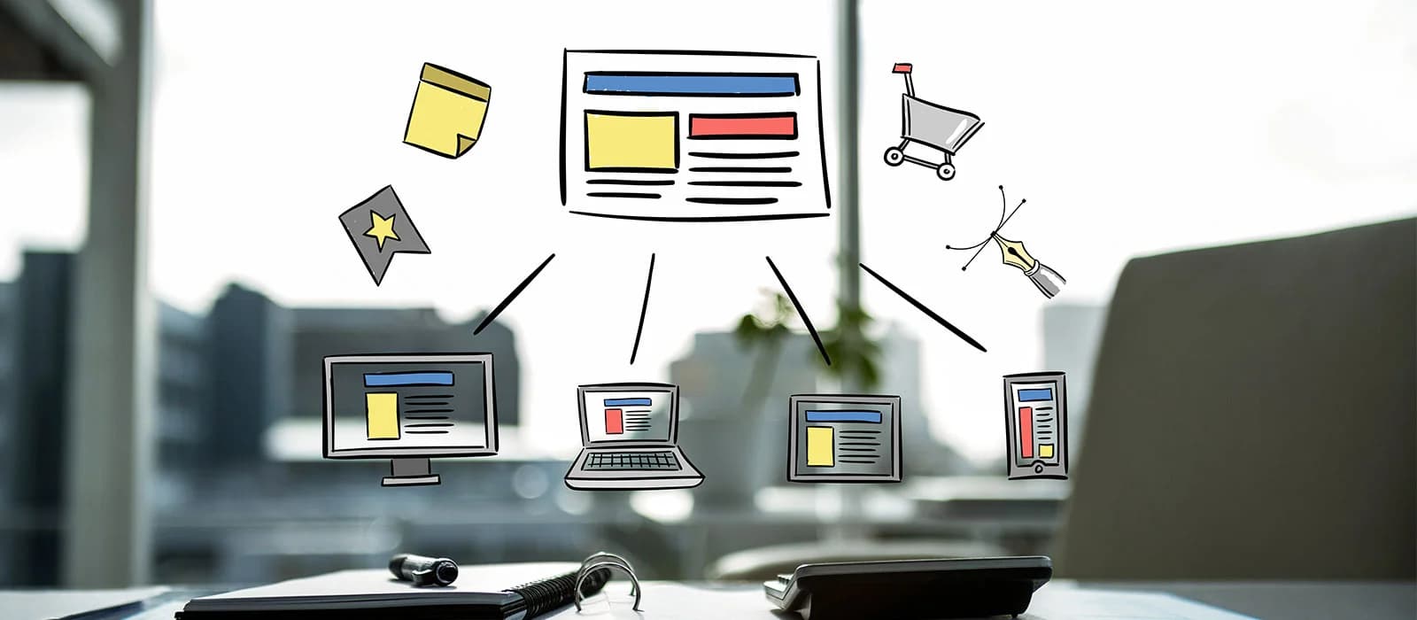 Sketch of website elements and devices connected to a laptop