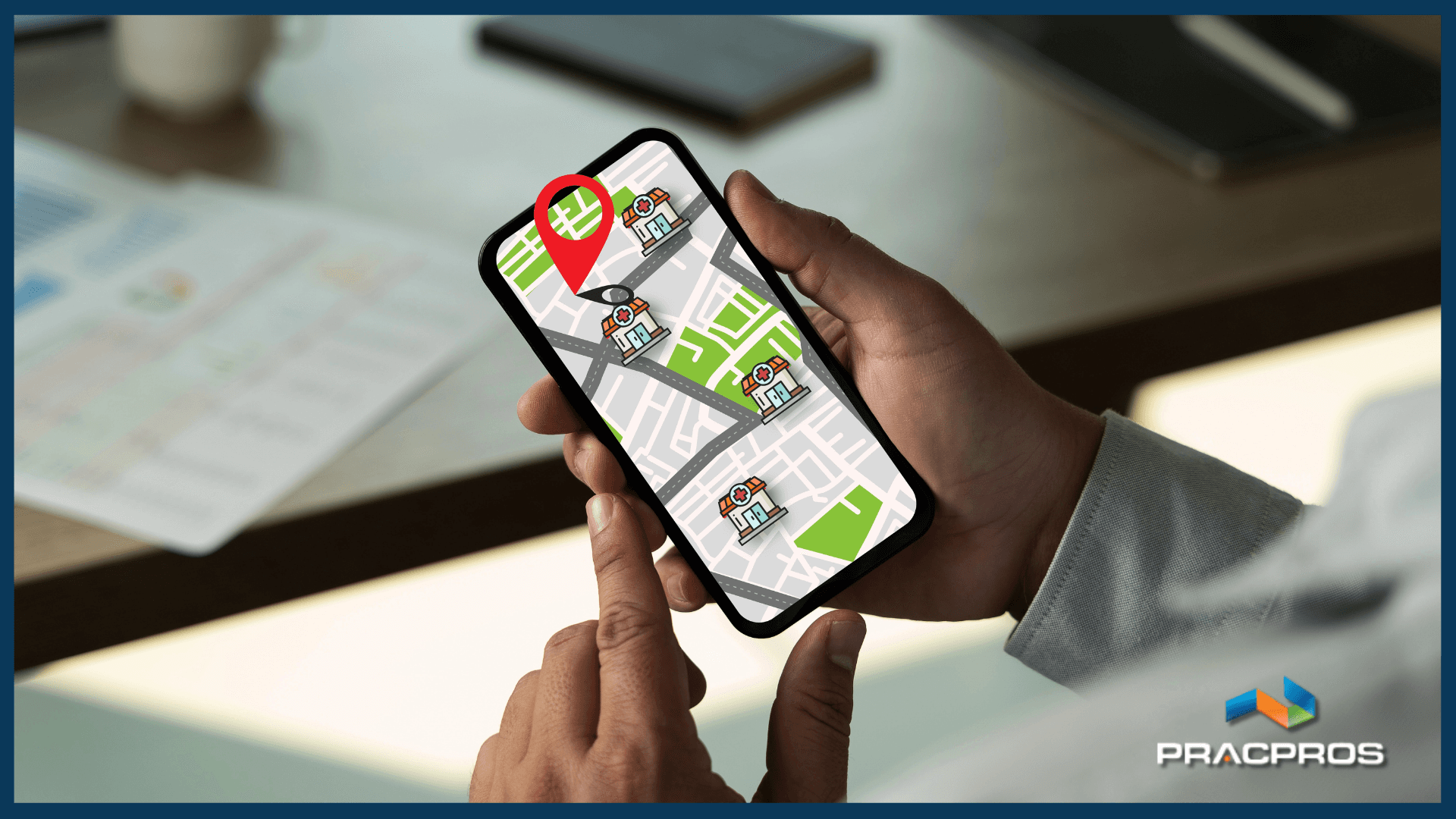 Hands holding phone with dental clinics map
