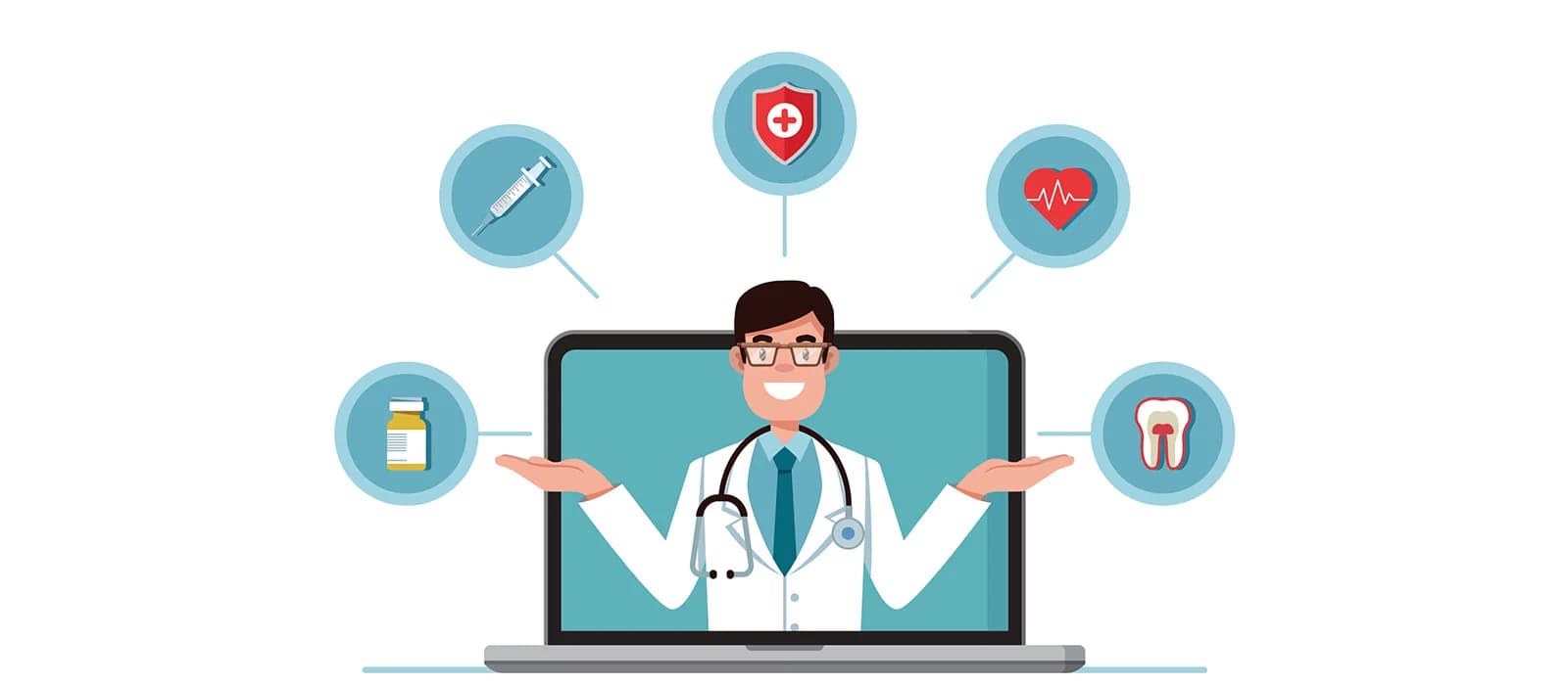 Illustration of a doctor on a laptop screen surrounded by healthcare icons