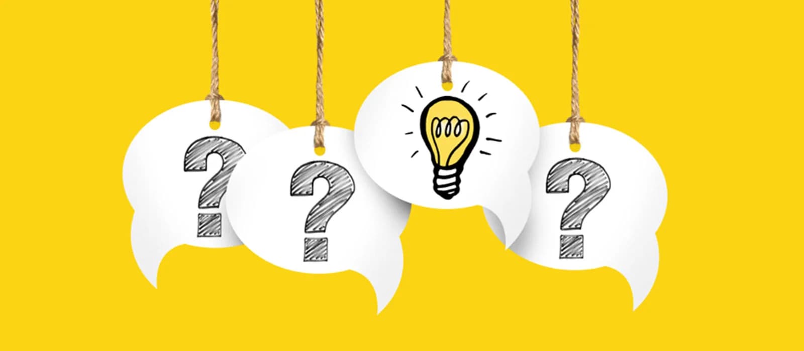 Speech bubbles with question marks and a lightbulb on a yellow background
