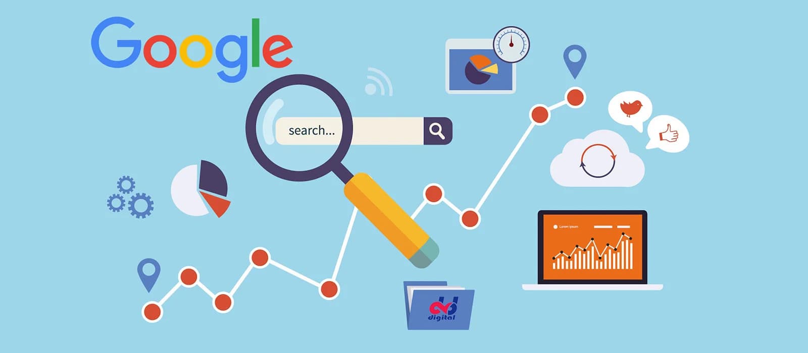 Illustration of a Google search with a magnifying glass, analytics charts and a ranking graph