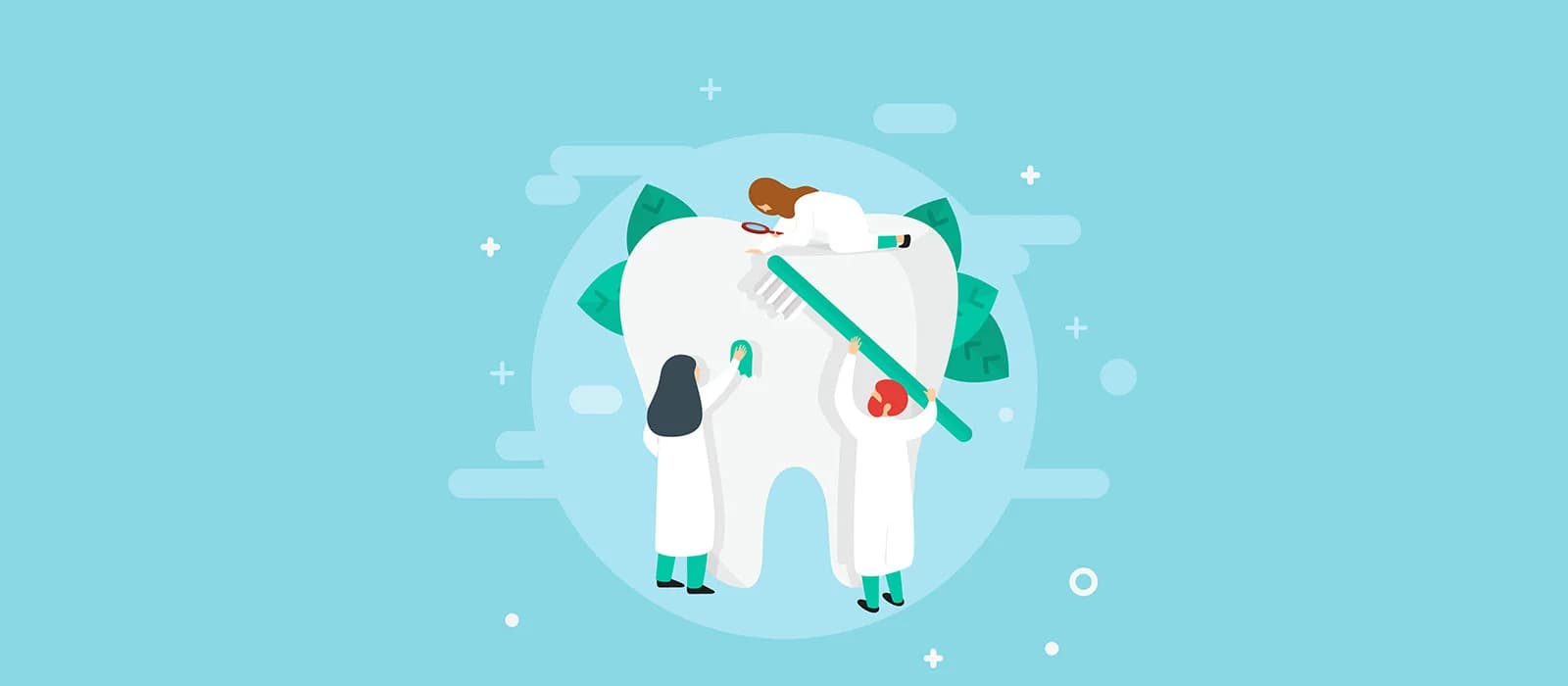 Illustration of dentists caring for a giant tooth