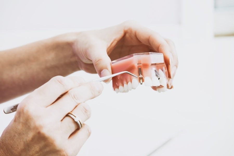 Dentist pointing a dental tool at a model of teeth